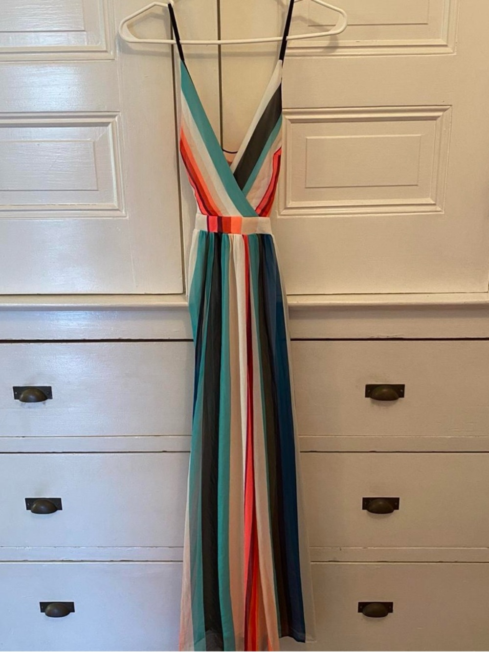 Express Multicolor Striped Maxi Dress in Teal, Coral, Navy, Black & White